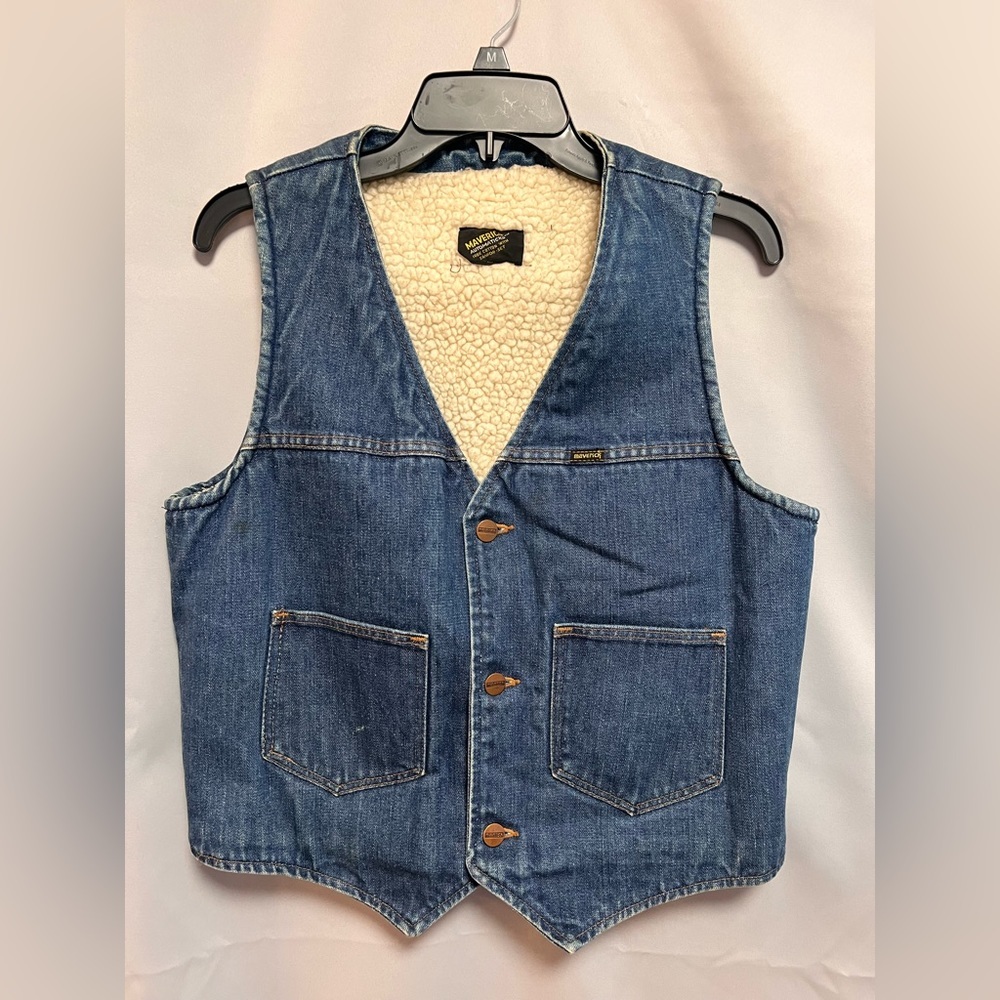 VTG Maverick Automatics Sherpa‎ Shearling Lined Denim Trucker Ranch Vest USA